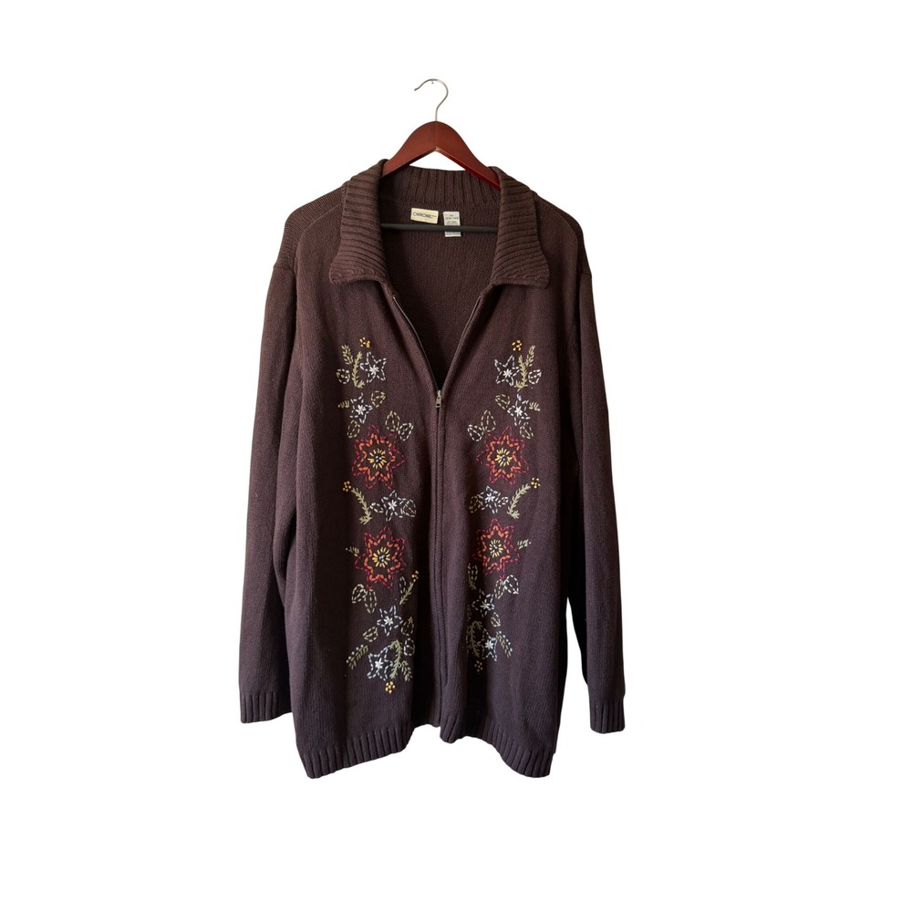 Vintage Brown Floral Embroidered Zip Up Cardigan Sweater Plus Size 3X 26W 28W